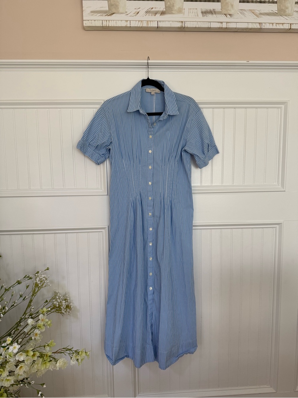 LOFT Light Blue & White Striped Midi Shirt Dress